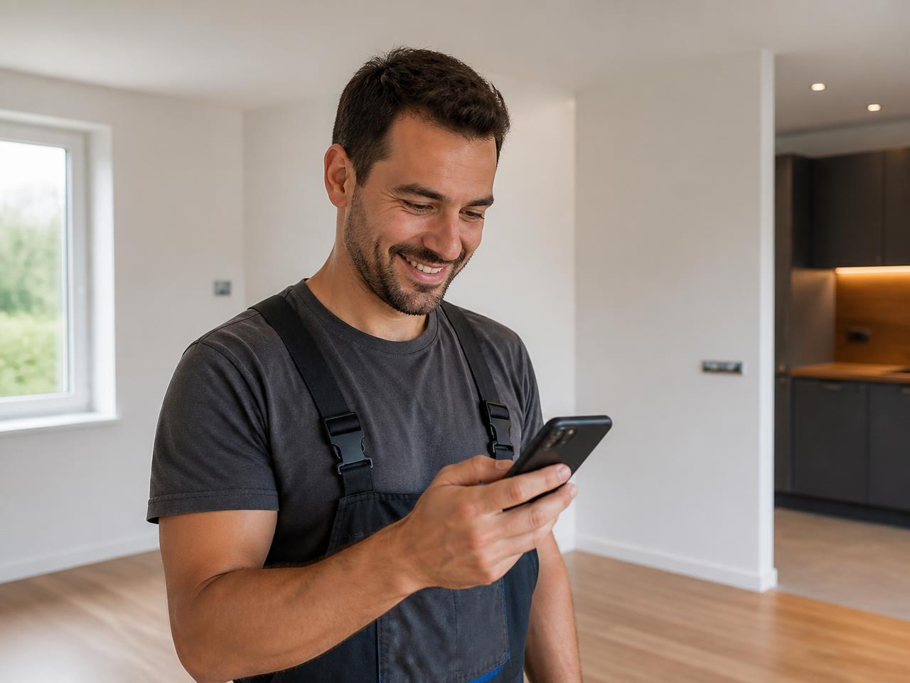 Profesional sonriendo al ver en el móvil la notificación de un pago recibido, en una obra terminada